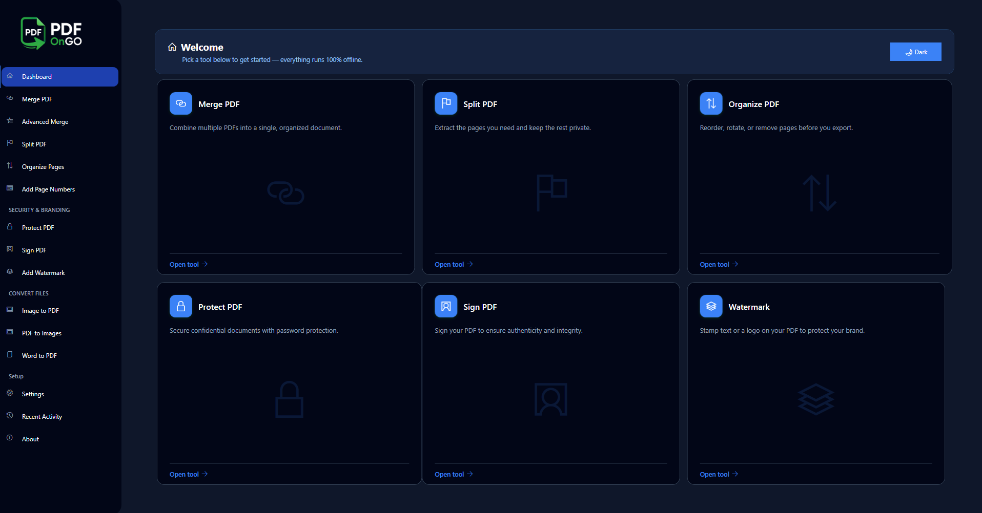 PDFongo Desktop dashboard showing Merge, Split, Organize, Protect, Sign, and Watermark tools